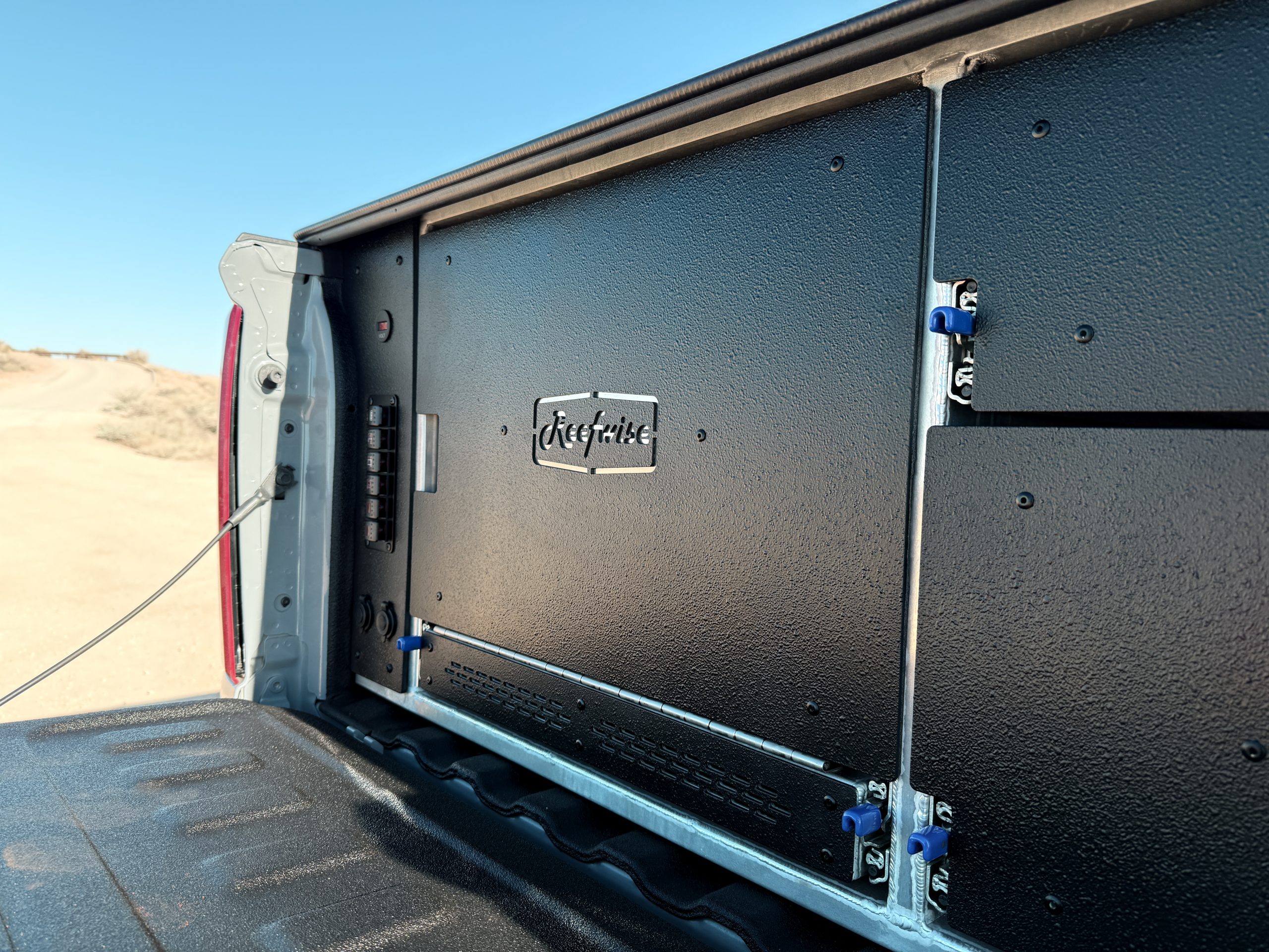 Silverado canopy close up, dometic fridge slide