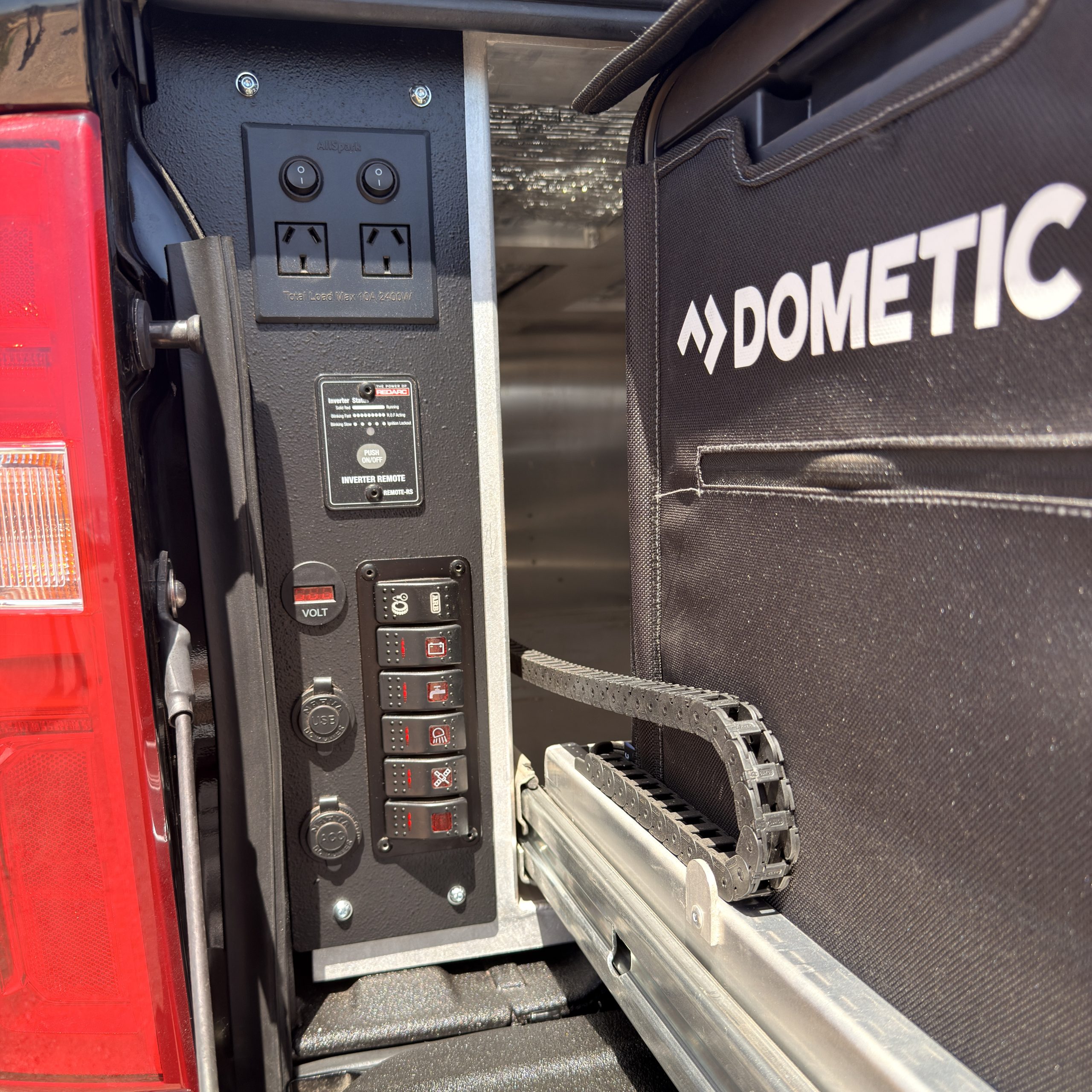 Truck bed with organized storage drawers.